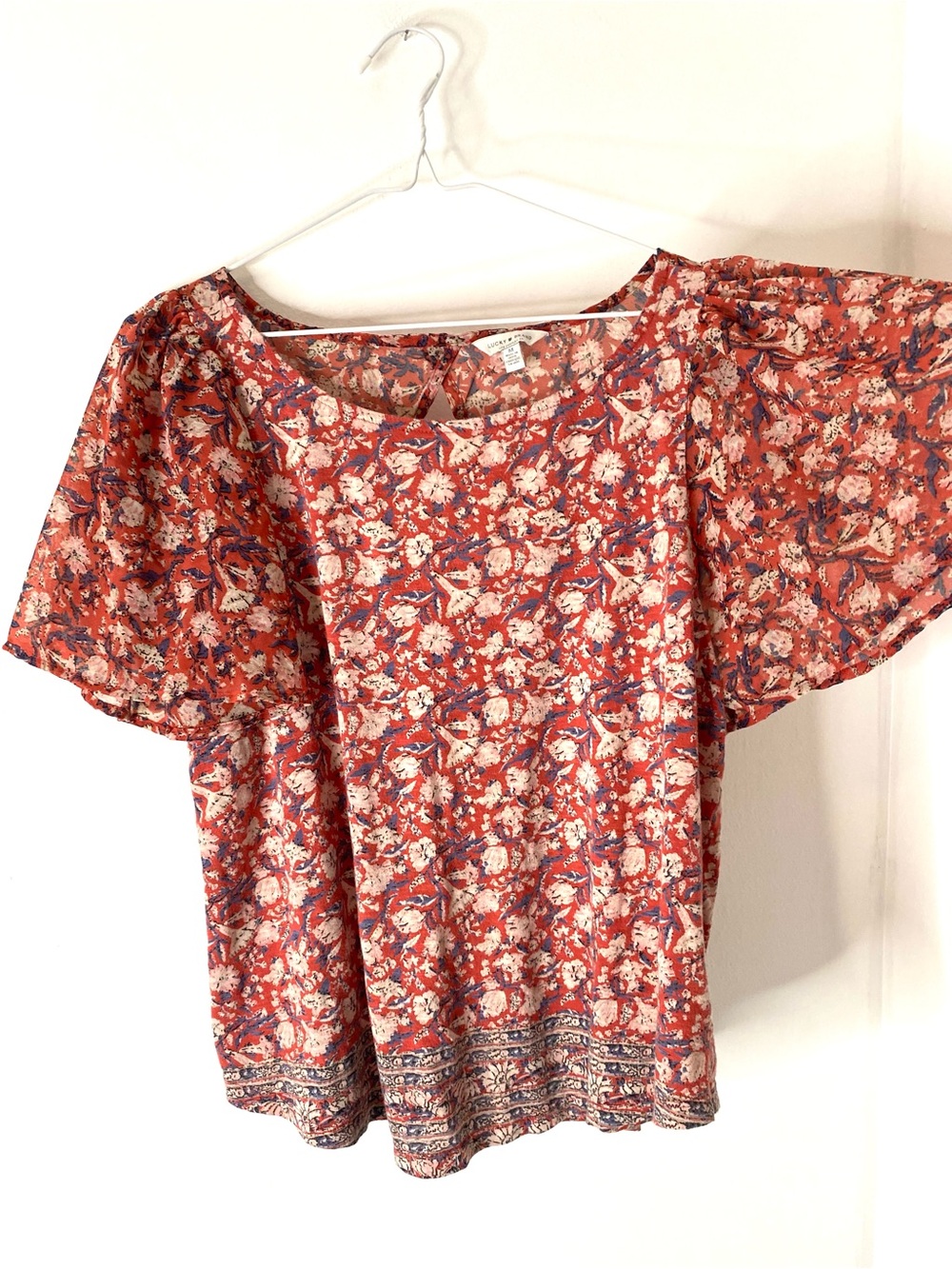 Lucky Brand Rust Orange Floral Flutter Sleeve Boho Peasant Blouse Top